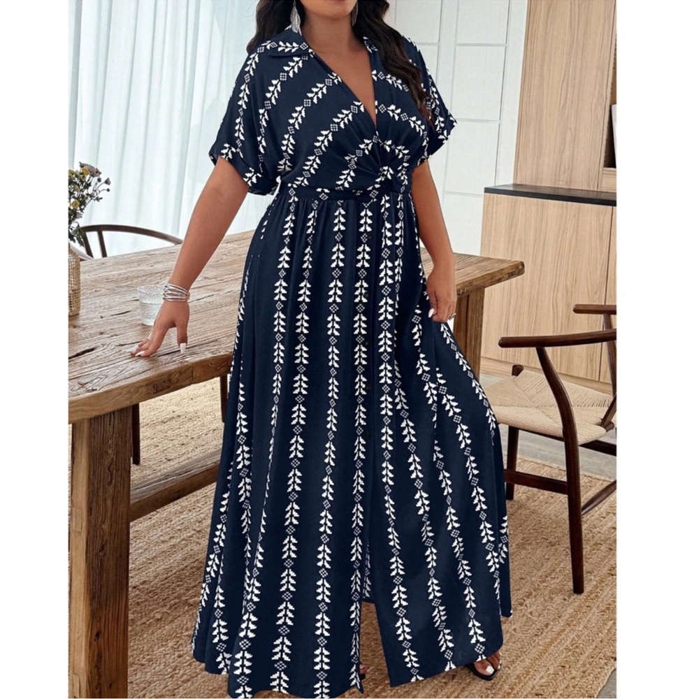 Plus Geo Print V Neck Stretchy Waist Twist Front Maxi Dress 1X 2X 3X 4X